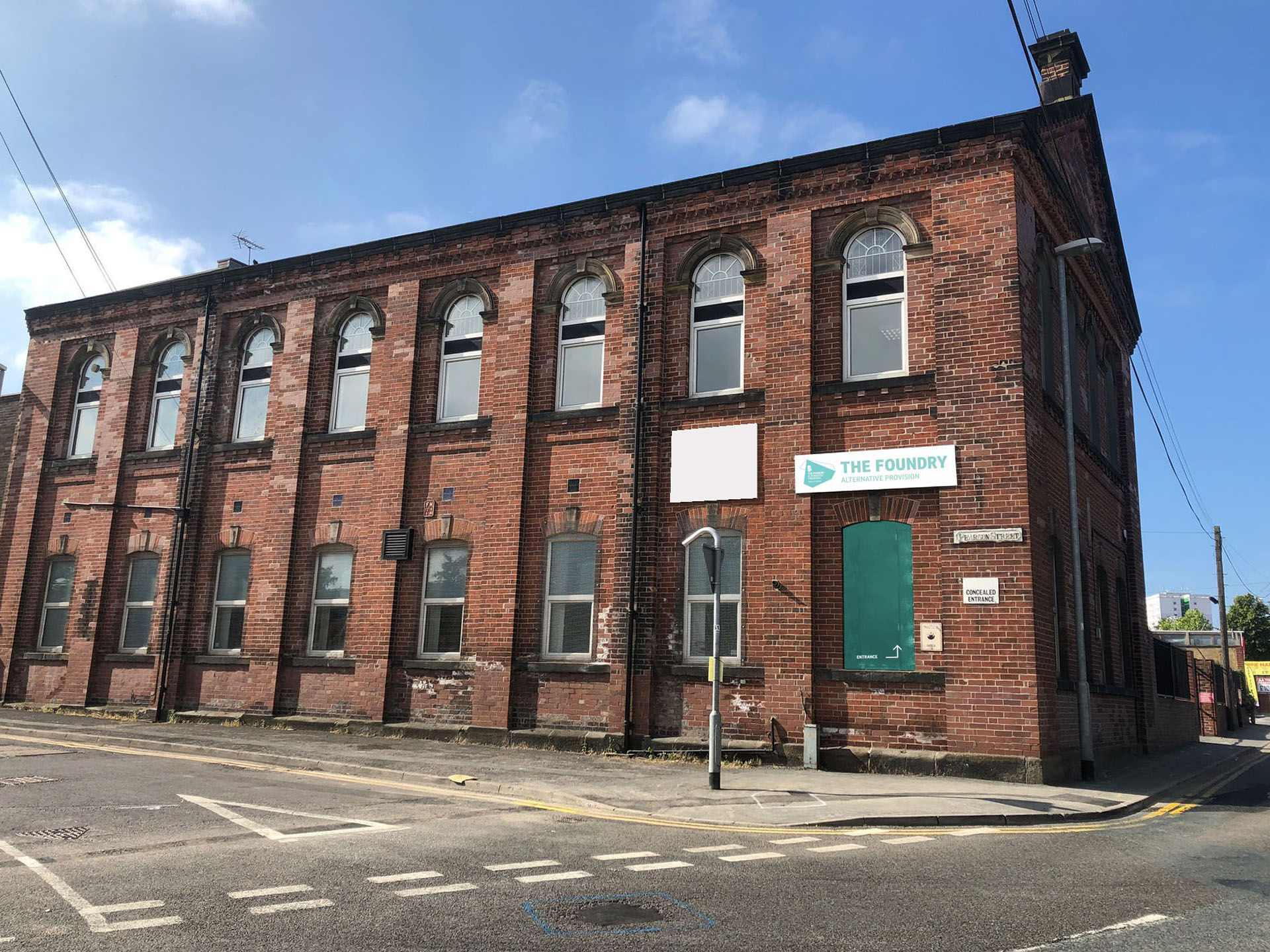A shot of the Foundry campus showing off the old red brick building