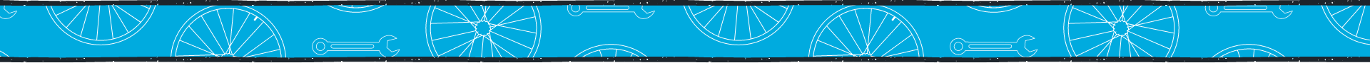 Blue strip with white wheels and spanners graphics and a thick black border