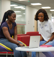Two students working on a laptop