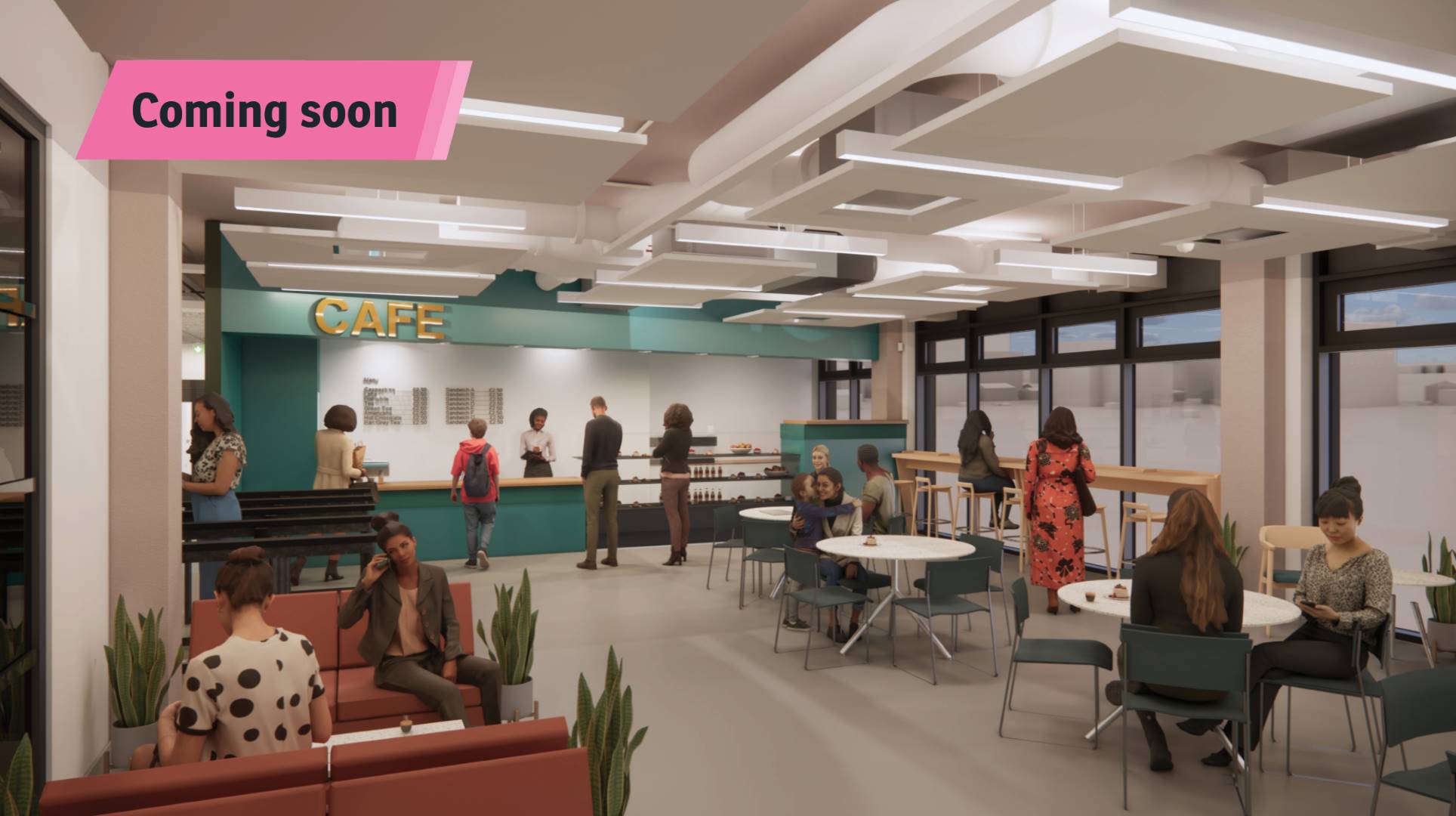 Interior 3D rendered image of what the canteen of the new Mabgate building set to be finished in 2026