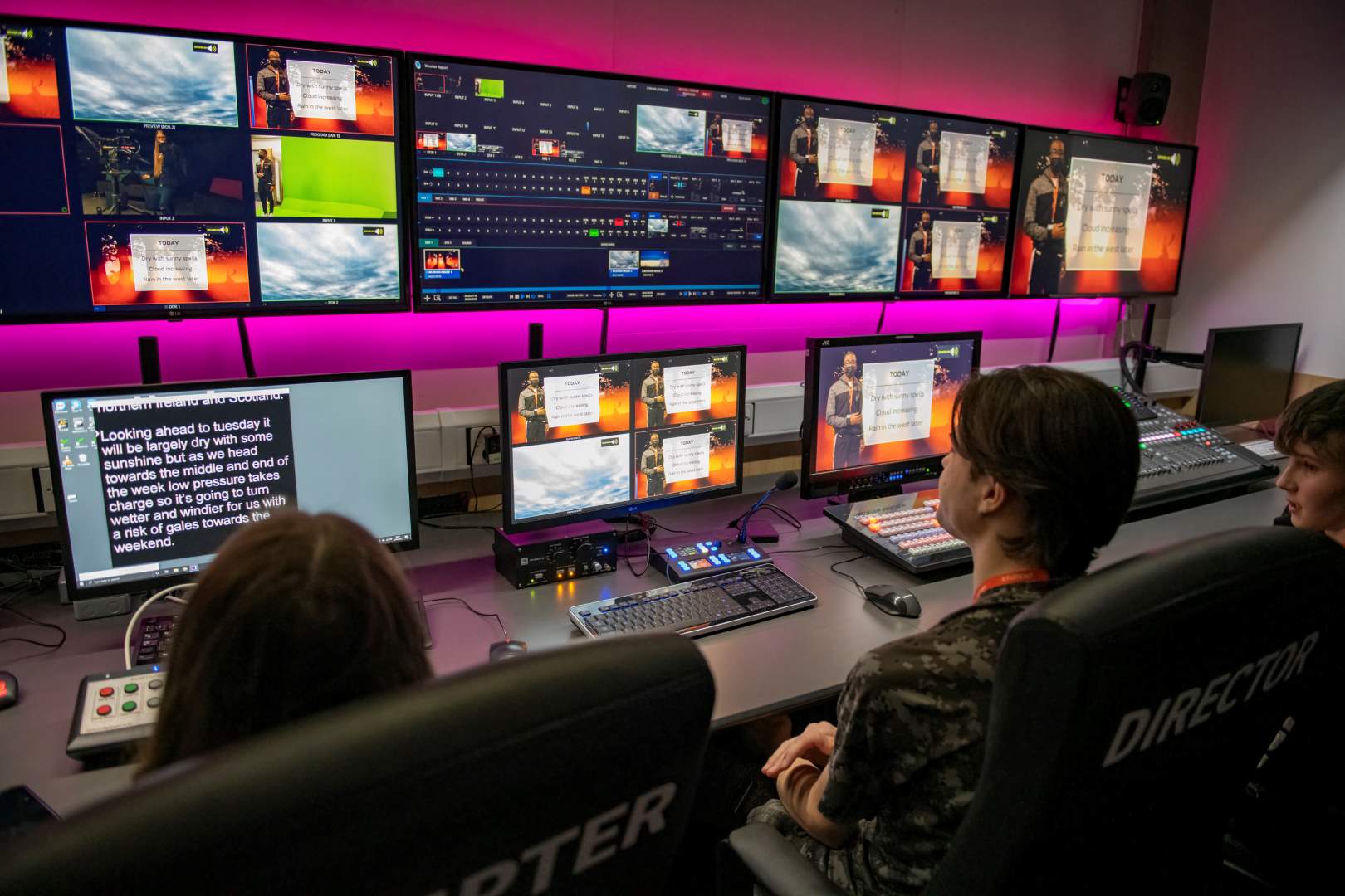 TV Production broadcasting room where students are monitoring all the different camera angels and view ports