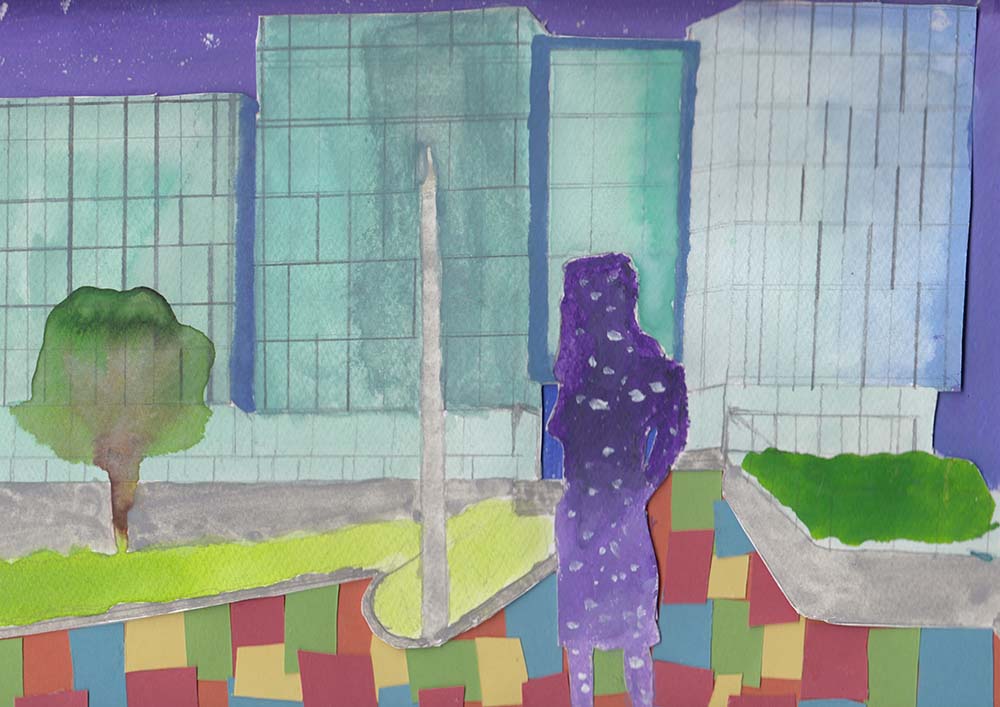 Creative Arts mixed media art and design colourful coursework showing a figure stood next to city buildings and a tree