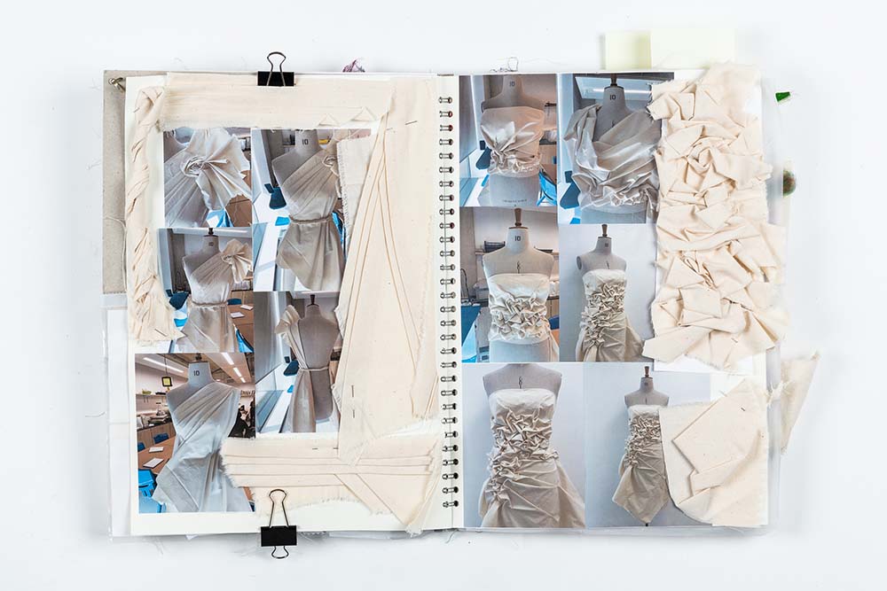 Creative Arts Fashion and Textiles coursework showing images of different dresses accompanied by material snippets folded using different techniques