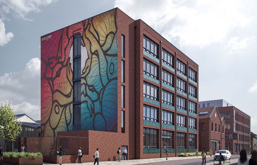 A render of the new Mabgate campus building with artwork on one side and windows on another